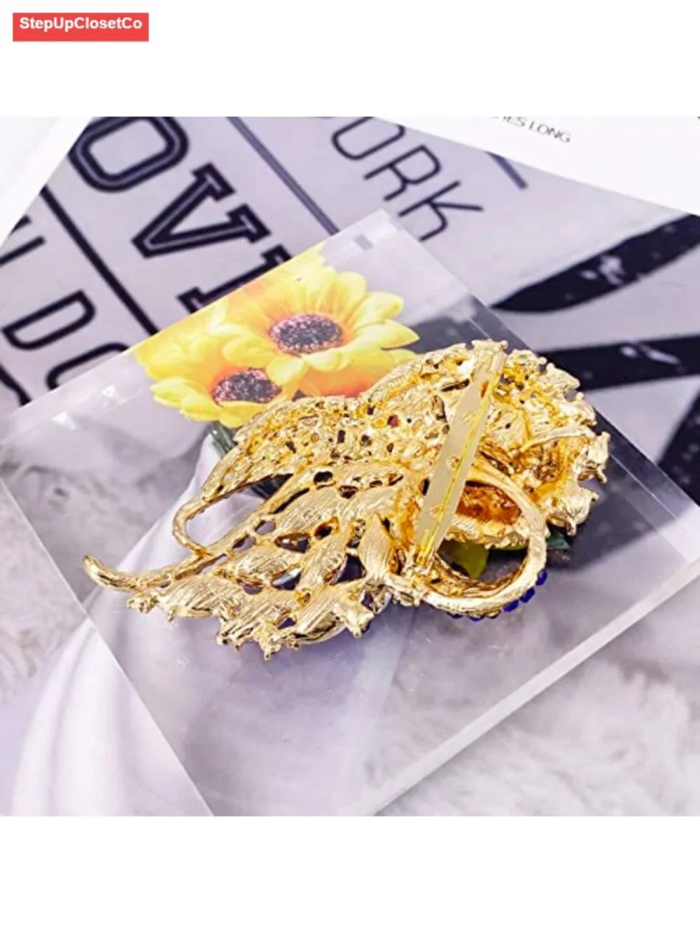 Vintage Crystal Flower Wing Brooch Elegant Pin for Women